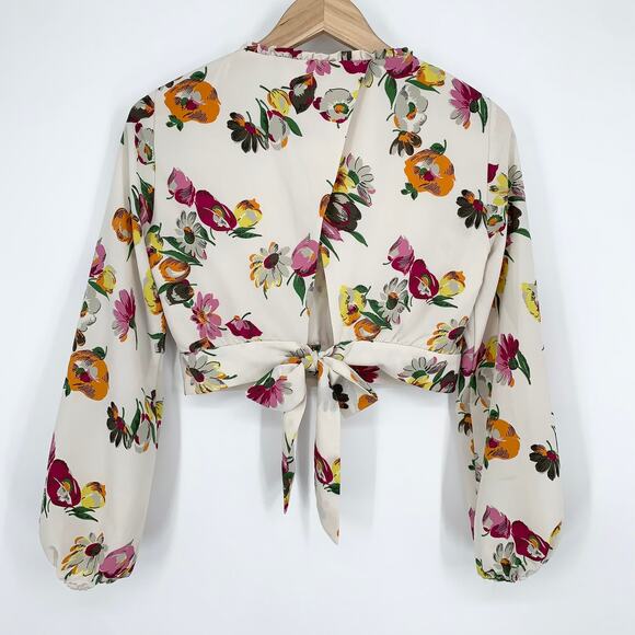 ZARA Floral Balloon Sleeve Blouse Faux Wrap Ruffle Trim Cropped Top - Picture 7 of 12